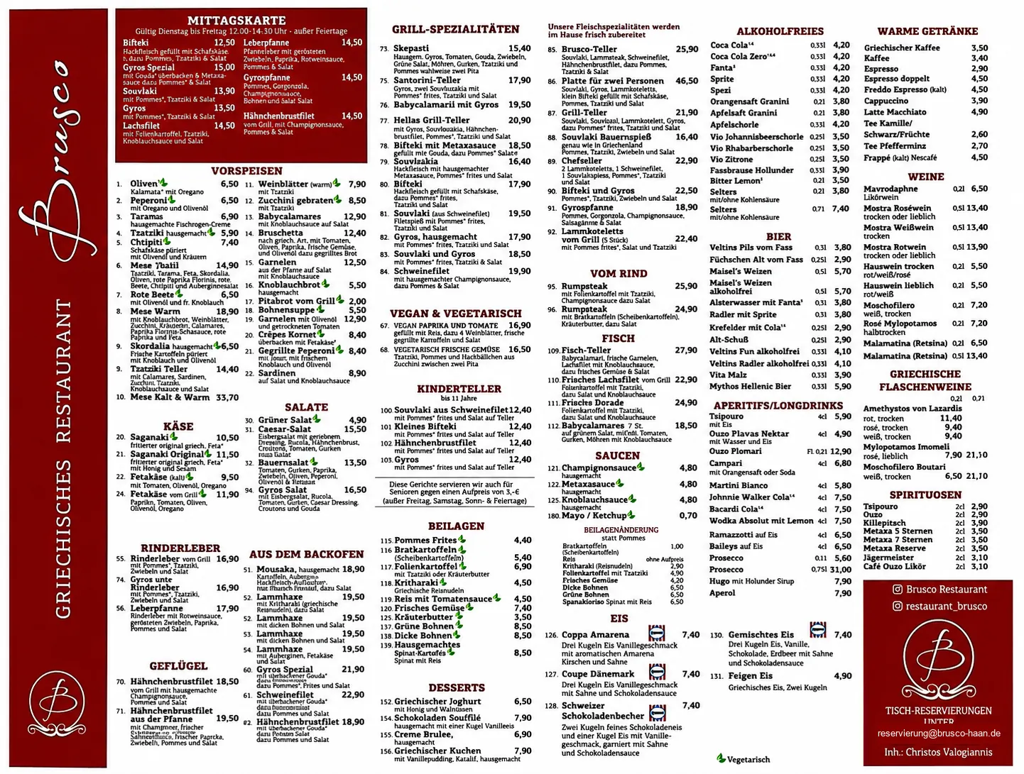 Aktuelle Speisekarte des Brusco Restaurants, Stand 06/2026